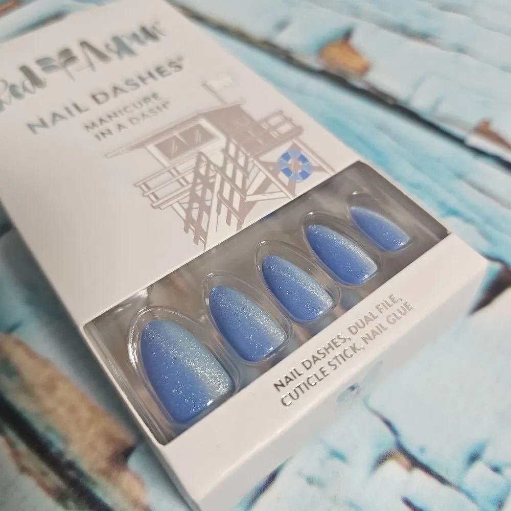 Red Aspen Outer Banks Billie Acrylic Short Squoval Nail Dashes Blue Press On NEW